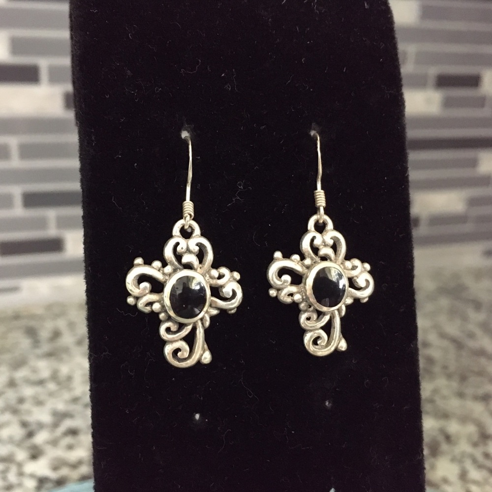 Silver & Onyx Cross Earrings